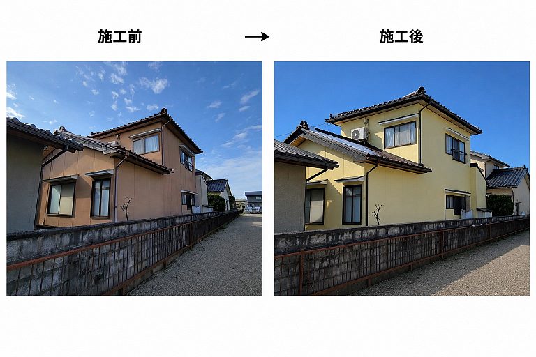 外壁塗装工事の施工前後の比較。色あせた茶色の外壁を明るいクリーム色に塗り替え、瓦屋根の和風住宅の印象を一新(富山市)