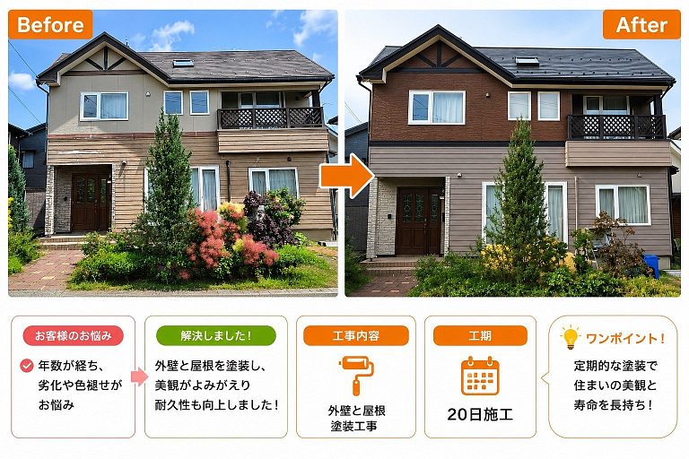 外壁・屋根塗装工事の施工前後の比較。色あせて劣化した外壁と屋根を塗装し、美観と耐久性を向上(富山市・工期20日間)