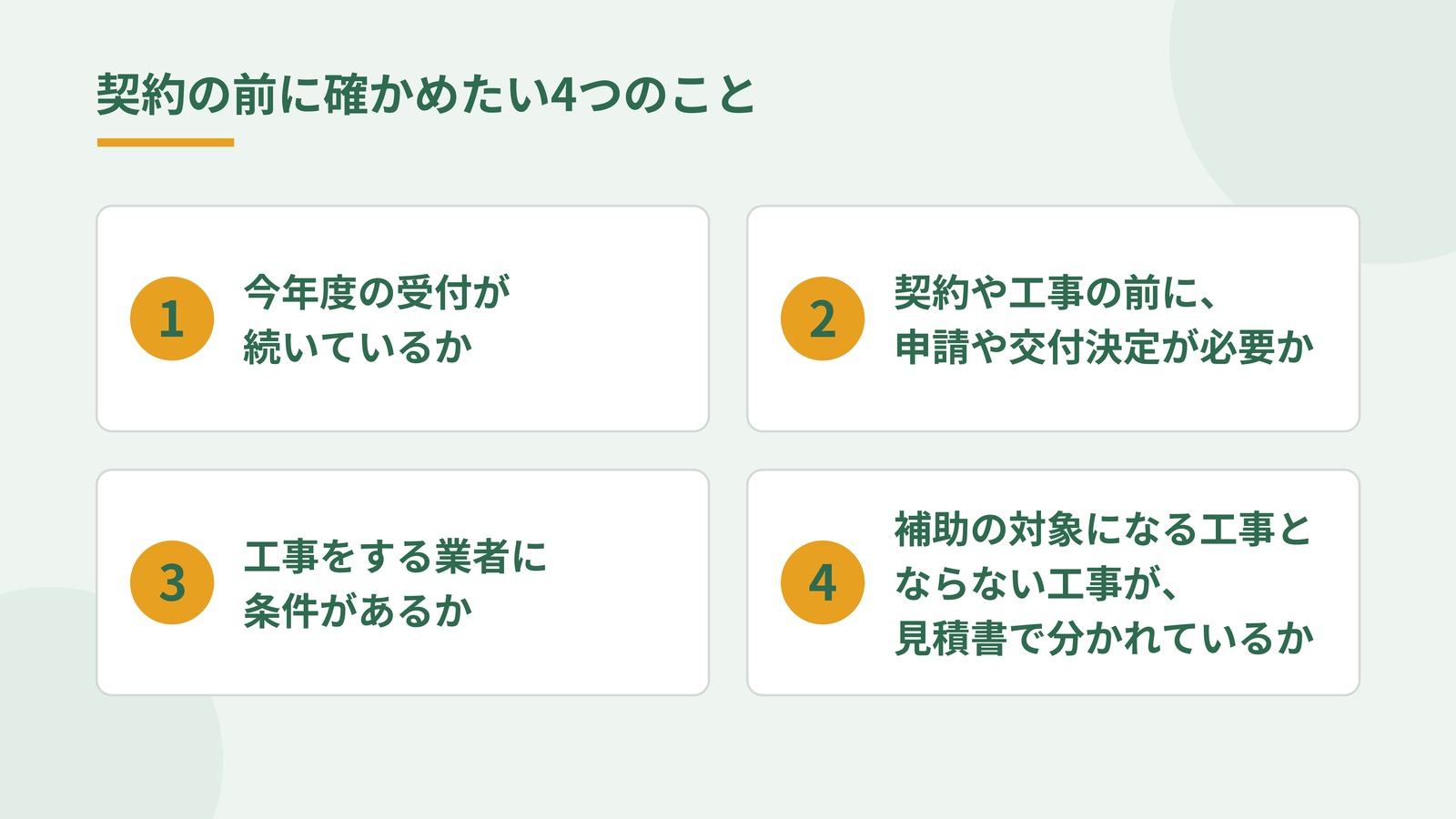 補助を使う工事の契約前に確かめたい4つのこと（今年度の受付が続いているか、契約や工事の前に、申請や交付決定が必要か、工事をする業者に条件があるか、補助の対象になる工事とならない工事が見積書で分かれているか）を一覧にした図解